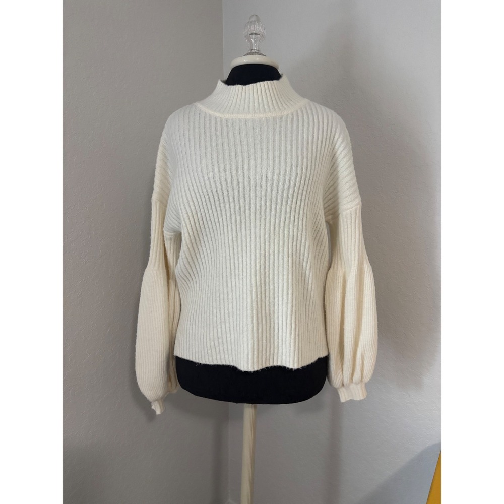 Loveriche Cream Ribbed Mock Neck Balloon Sleeve Sweater Medium White Pullover